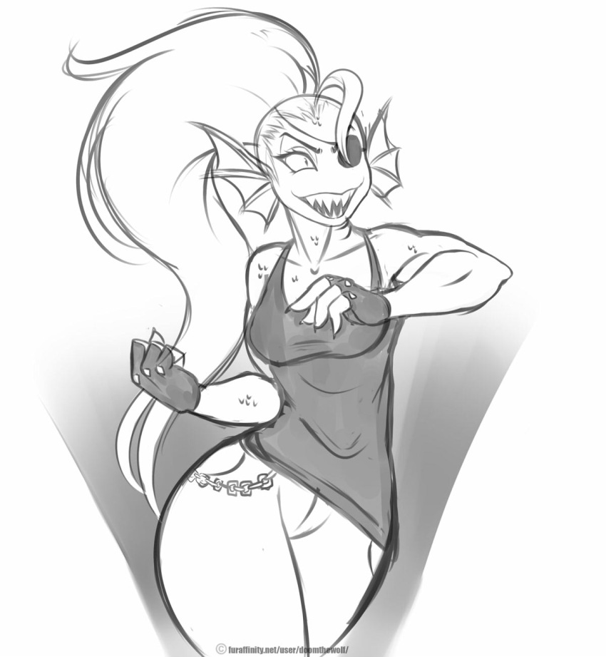 2016 anthro breasts clothed clothing digital_media_(artwork) doomthewolf eye_patch eyewear female fingerless_gloves fish fully_clothed gloves greyscale hair handwear hi_res long_hair marine monochrome non-mammal_breasts sharp_teeth shirt solo tank_top teeth thick_thighs topwear torn_clothing undertale undyne video_games wide_hips