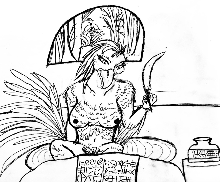 anthro anunit avian big_breasts bird breasts colorless cuneiform european_mythology feather_hair feathers female greek_mythology hi_res loose_feather mesopotamia mythological_avian mythological_firebird mythology nipples nude phoenix plant pseudo_hair quill sketch solo stealthweaver sumerian traditional_media_(artwork)