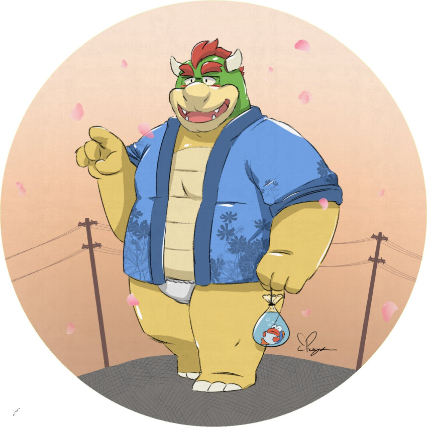 2021 anthro asian_clothing belly blush bowser clothing east_asian_clothing eyewear fundoshi glasses hi_res humanoid_hands japanese_clothing kemono koopa male mario_bros nintendo outside overweight overweight_male ragnadope rip_van_fish scalie solo underwear video_games white_clothing white_fundoshi white_underwear