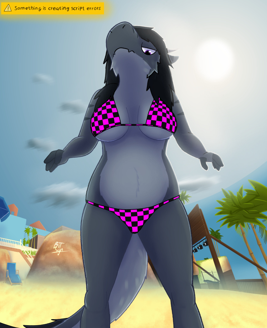 3d_(artwork) absurd_res anthro beach big_breasts bikini bit_synergy bottomwear breasts clothed clothing detailed_background digital_media_(artwork) dragon english_text fangs female fur furred_dragon garry's_mod grey_body grey_fur hair hi_res horn looking_at_viewer missing_texture multicolored_body multicolored_fur outside plant purple_eyes samantha_(bit-synergy) sand seaside sky solo swimwear text thick_thighs topwear tree two_tone_body two_tone_fur warning_sign