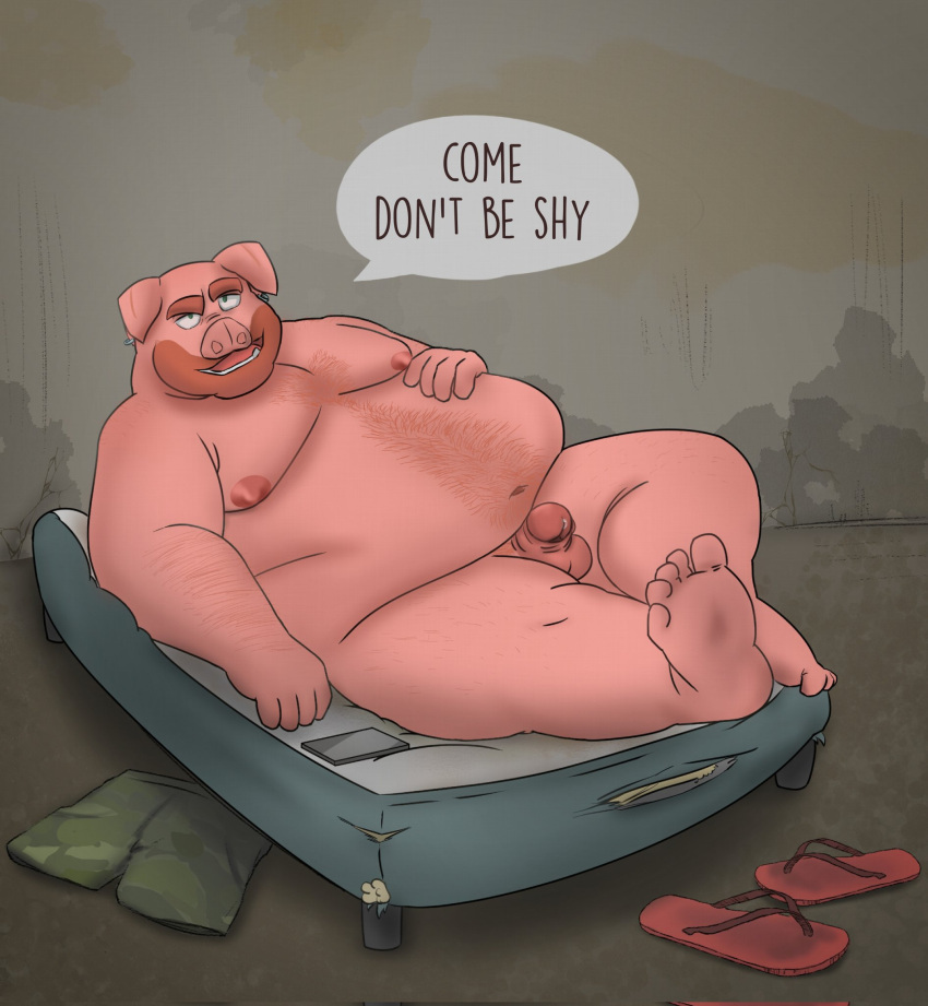 2021 anthro balls bed belly domestic_pig english_text feet furniture genitals hi_res humanoid_genitalia humanoid_hands humanoid_penis lying male mammal moobs nipples obese obese_male overweight overweight_male penis ragnadope solo suid suina sus_(pig) text