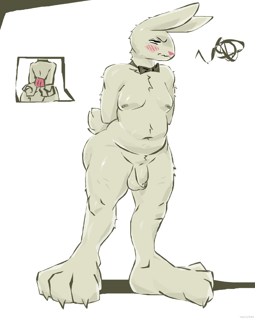 2021 absurd_res annoyed anthro balls bdsm big_butt big_feet blush bondage bound bow_tie butt crossed_arms digital_media_(artwork) embarrassed feet flaccid foreskin frown fur genitals hands_behind_back hi_res holidaydipstick humanoid_genitalia humanoid_penis lagomorph leporid looking_away male mammal mr._playboy nude overweight penis pink_nose pink_rope playboy rabbit rope rope_bondage shaded solo standing thick_thighs uncut white_body white_fur