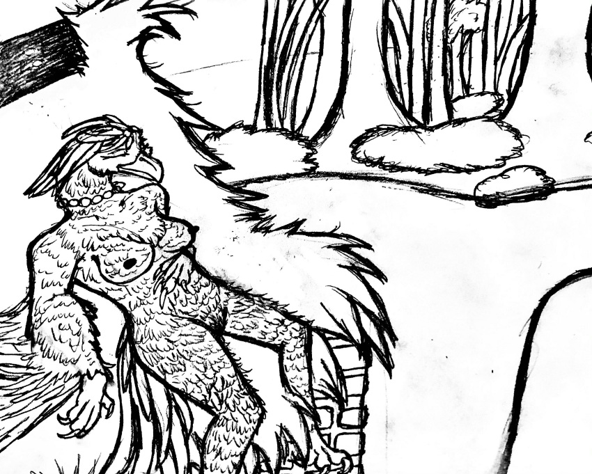 anthro anunit avian big_breasts bird breasts building european_mythology feather_hair feathers female forest greek_mythology hi_res house mythological_avian mythological_firebird mythology nipples nude outside phoenix plant pseudo_hair scenery sketch solo stealthweaver traditional_media_(artwork) tree