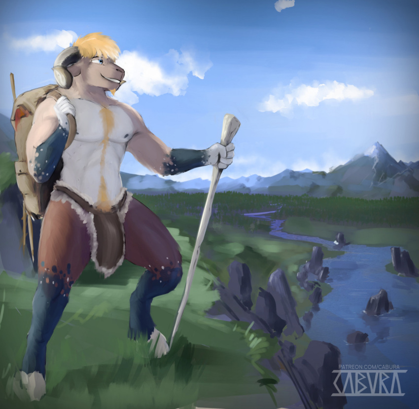 2021 5_fingers abs anthro backpack biceps blonde_hair blue_eyes bottomwear bovid bovine cabura caprine clothed clothing cloud dark_grey_fur detailed_background digital_media_(artwork) facial_hair fingers fur gloves_(marking) goat goatee hair hi_res hooves horn landscape leg_markings loincloth male mammal markings mocca_(character) mountain multicolored_body multicolored_fur muscular muscular_anthro muscular_male nature nature_background nipples outside partially_clothed pecs pubes river signature sky smile socks_(marking) solo teeth text underwear white_body white_fur