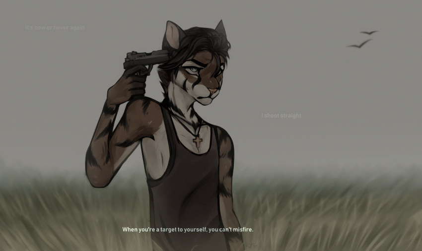 2019 5_fingers anthro clothed clothing day detailed_background digital_media_(artwork) english_text eyebrows eyelashes felid feline fingers grass gun hair hi_res holding_gun holding_object holding_weapon kristiana_puff male mammal outside plant ranged_weapon solo suicide_attempt text weapon