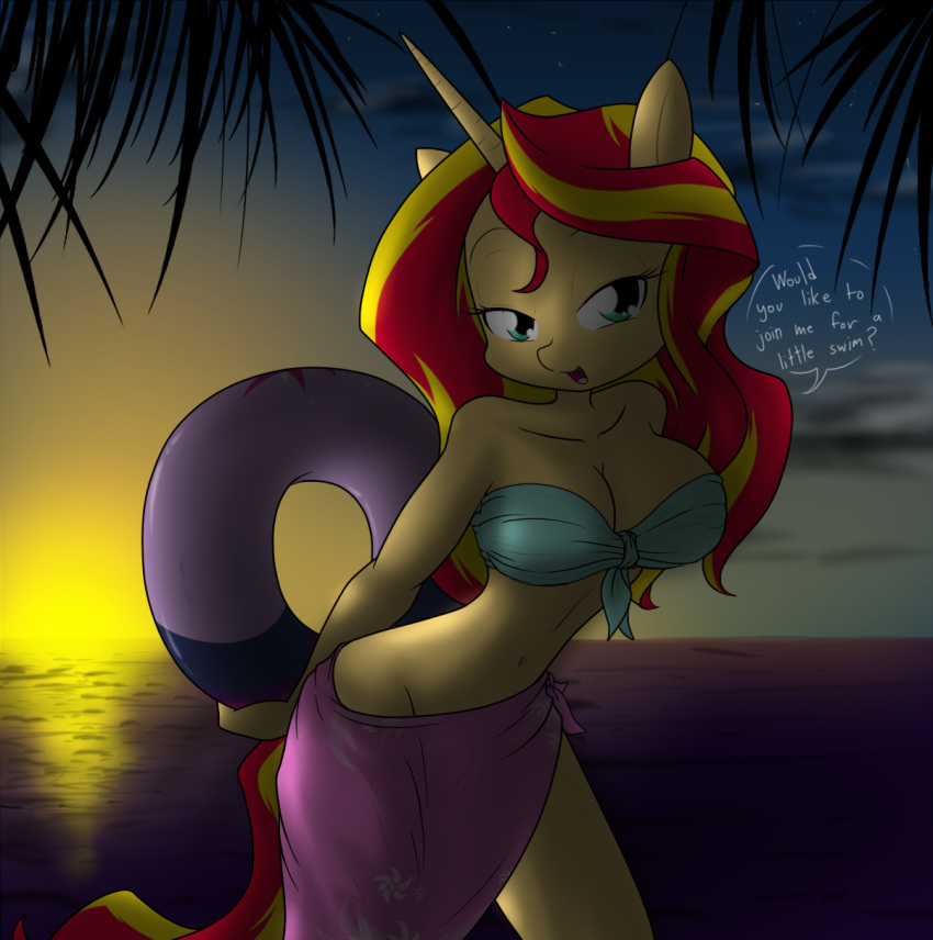 2017 anthro beach bedroom_eyes big_breasts bikini blonde_hair breasts cleavage clothed clothing curvy_figure detailed_background dialogue digital_media_(artwork) english_text equestria_girls equid equine eyelashes female fur hair hasbro hi_res horn horse huge_breasts inflatable inner_tube long_hair looking_at_viewer mammal multicolored_hair my_little_pony narrowed_eyes navel pony red_hair sandwich-anomaly sea seaside seductive smile solo sunset sunset_shimmer_(eg) swimwear talking_to_viewer teal_eyes text thick_thighs tongue topwear tube_top unicorn voluptuous water wide_hips yellow_body yellow_fur