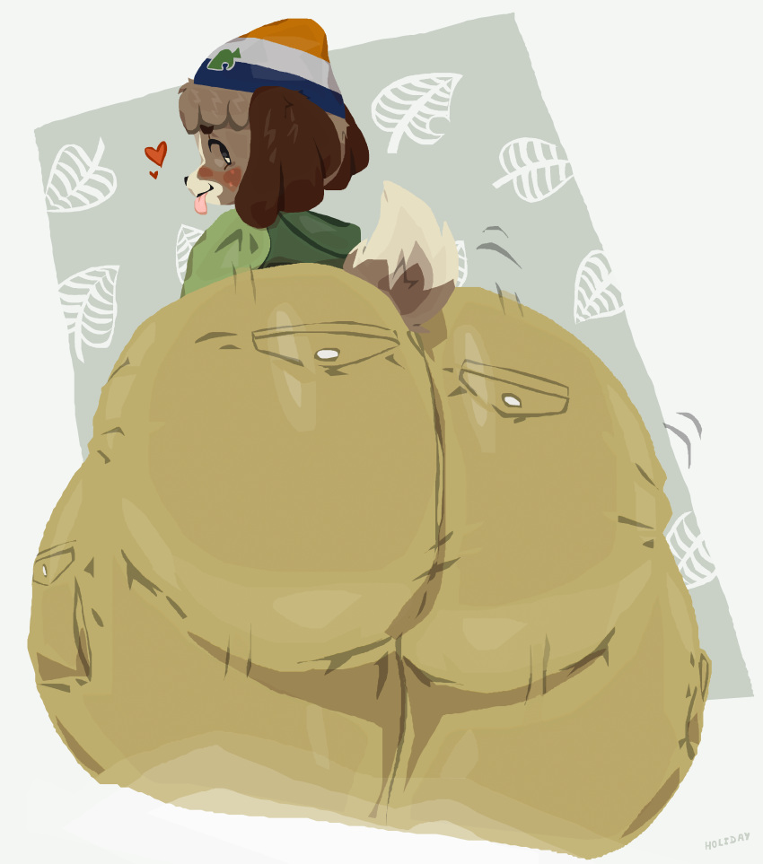 absurd_res animal_crossing anthro beanie big_butt black_nose blep blush bottomwear brown_body butt canid canine canis clothed clothing digby_(animal_crossing) domestic_dog floppy_ears freckles furgonomics girly hat headgear headwear hi_res holidaydipstick huge_butt jacket male mammal nintendo obese overweight pants pattern_background presenting presenting_hindquarters short_tail simple_background solo standing thick_thighs tight_clothing tongue tongue_out topwear video_games