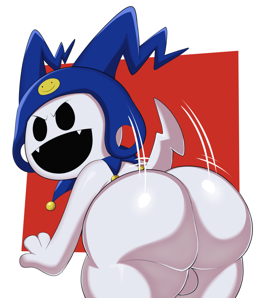 2021 3_fingers absurd_res atlus backsack balls bent_over big_butt black_eyes blue_clothing blue_headwear border bouncing_butt butt clothing cute_fangs demon fangs fingers genitals grey_balls grey_body headgear headgear_only headwear headwear_only hi_res huge_butt huge_thighs humanoid imp jack_frost_(megami_tensei) jerseydevil looking_at_viewer looking_back male megami_tensei mostly_nude no_pupils not_furry open_mouth overweight presenting presenting_hindquarters red_background simple_background solo thick_thighs twerking video_games white_body white_border