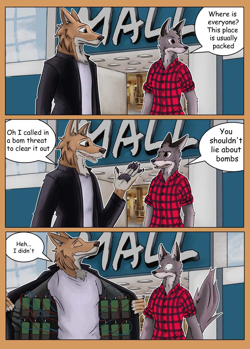 absurd_res anthro bomb canid canine canis clothed clothing comic coyote daxy_(adaxyn) detailed_background dialogue digital_media_(artwork) duo english_text explosives hi_res inside male mall mammal ragey rakuno red_wolf shirt shocked_expression speech_bubble text topwear wolf