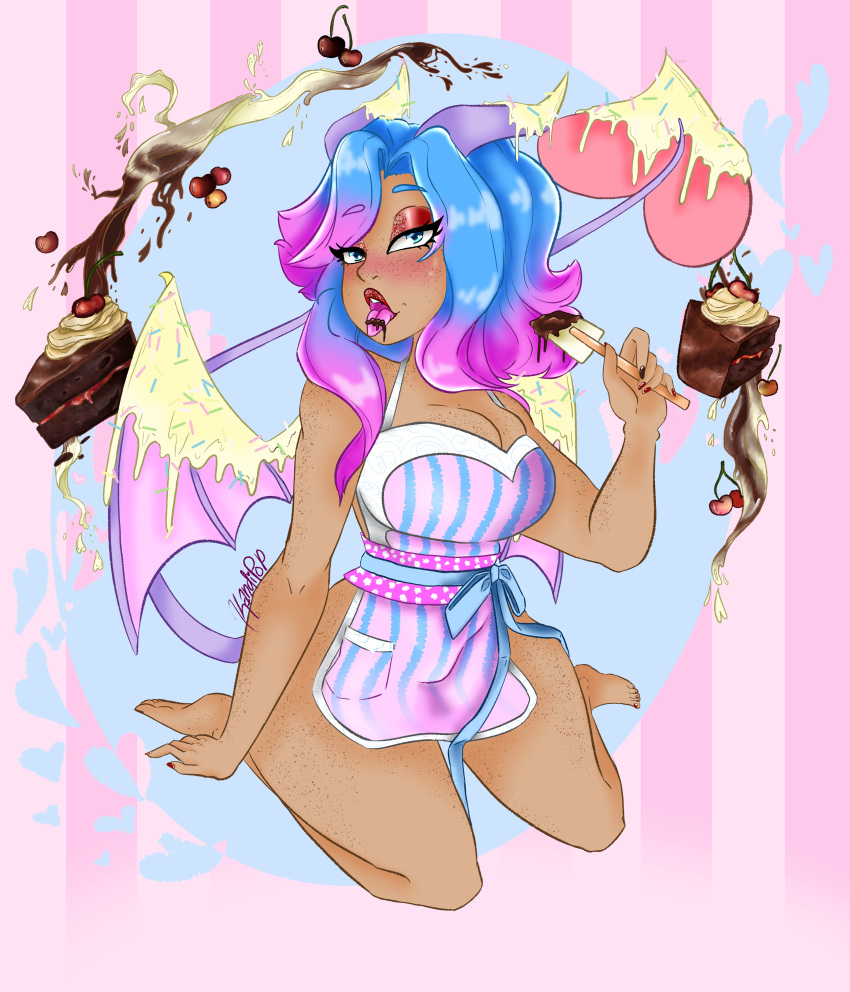 absurd_res accessory apron apron_bow apron_only barefoot big_breasts biped blue_eyes blush bow_accessory breasts butt cake camel_toe candy candy_succubus cherry chocolate chocolate_cake chocolate_milk chocolate_sauce clothed clothing colored_nails dairy_products demon demon_humanoid dessert digital_media_(artwork) feet female fingers flavored_milk food food_fetish food_play freckles fruit genital_outline hair half-closed_eyes hi_res horn horned_humanoid housewife human humanoid kandipop kneeling kneeling_position looking_at_viewer mammal milk mostly_nude nails narrowed_eyes not_furry open_mouth outline pandora_kokoro pinup plant pose pussy_outline ribbons simple_background skimpy smile solo spade_tail spatula stripes succubus thick_thighs tobifireflies toes tongue tools whipped_cream whipped_topping wings