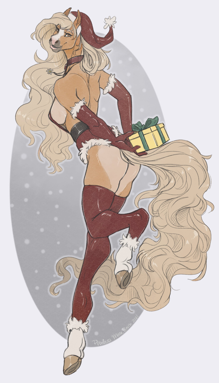 absurd_res anja_(haflinger) anthro armwear blonde_hair breasts brown_eyes butt christmas christmas_clothing christmas_headwear clothing elbow_gloves equid equine female gift gloves hair handwear hat headgear headwear hi_res holidays hooves horse legwear long_tail looking_at_viewer mammal one-piece_suit phathusa santa_hat side_boob solo stockings thigh_highs
