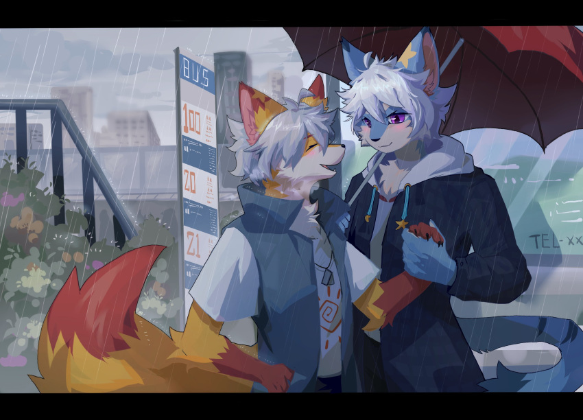 anthro black_nose blue_body blue_fur blush canid canine cheek_tuft chest_tuft city claws clothed clothing cloud dipstick_ears dipstick_tail dog_tags duo eyes_closed facial_tuft fangs finger_claws fluffy fluffy_tail fox fully_clothed fur hair hand_holding hi_res hoodie inner_ear_fluff kemono looking_at_another male male/male mammal multicolored_ears multicolored_tail open_mouth outside pink_body pink_fur pink_inner_ear purple_eyes raining red_body red_fur shaded shirt short_hair sky smile thin_tail topwear tuft umbrella white_body white_clothing white_fur white_hair white_shirt white_topwear wolfbintori yellow_body yellow_fur