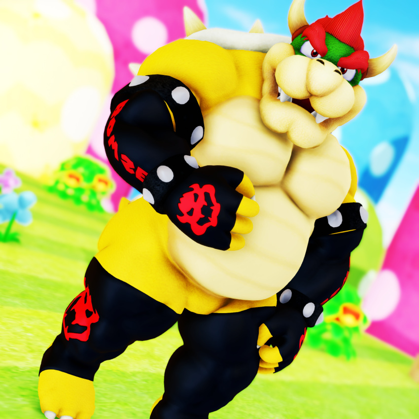 1:1 3d_(artwork) anthro armwear belly biceps bowser bowser_day clothing digital_media_(artwork) hi_res koopa legwear looking_at_viewer male malicekira mario_bros musclegut muscular muscular_anthro muscular_male nintendo overweight pecs reptile scalie smile solo video_games