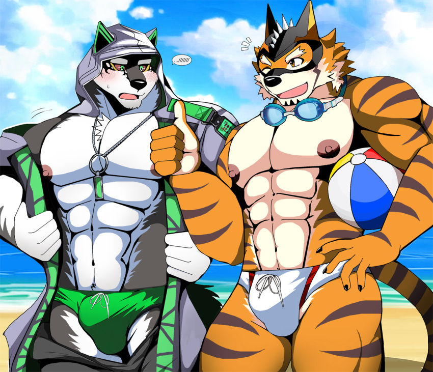 abs anthro beach bearlovestiger13 canid canine canis clothing detailed_background domestic_dog felid fur green_eyes group hoodie husky live-a-hero male mammal mask monomasa muscular muscular_anthro muscular_male nordic_sled_dog outside pantherine pecs ryekie_(live-a-hero) sand seaside sky spitz summer swimwear tiger topwear video_games