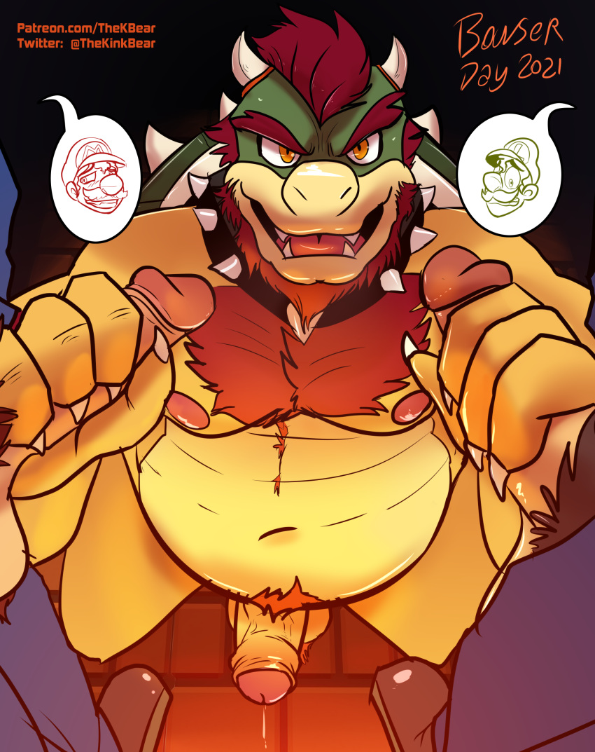absurd_res anthro balls beard body_hair bowser bowser_day chest_hair collar facial_hair foreskin genitals group hi_res holding_penis horn human humanoid_genitalia humanoid_penis kneeling koopa luigi male male/male mammal mario mario_bros masturbation musclegut nintendo nipples open_mouth penis pubes scalie simple_background spiked_collar spikes thekinkybear uncut video_games