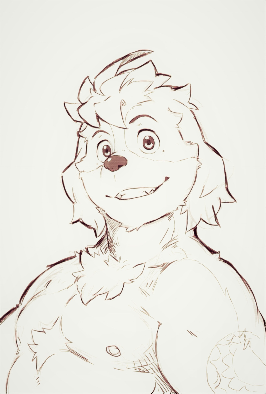 absurd_res anthro bust_portrait canid canine canis domestic_dog floppy_ears grin heylaw21 hi_res hisaki_(live-a-hero) live-a-hero looking_at_viewer male mammal nipples pecs portrait sketch smile solo video_games