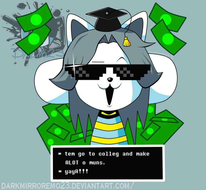 animated canid canine clothed clothing darkmirrormo23 eyebrows eyewear felid feline hair hi_res mammal money open_mouth raised_eyebrow short_playtime simple_background sunglasses tem temmie_(undertale) text topwear undertale video_games white_body