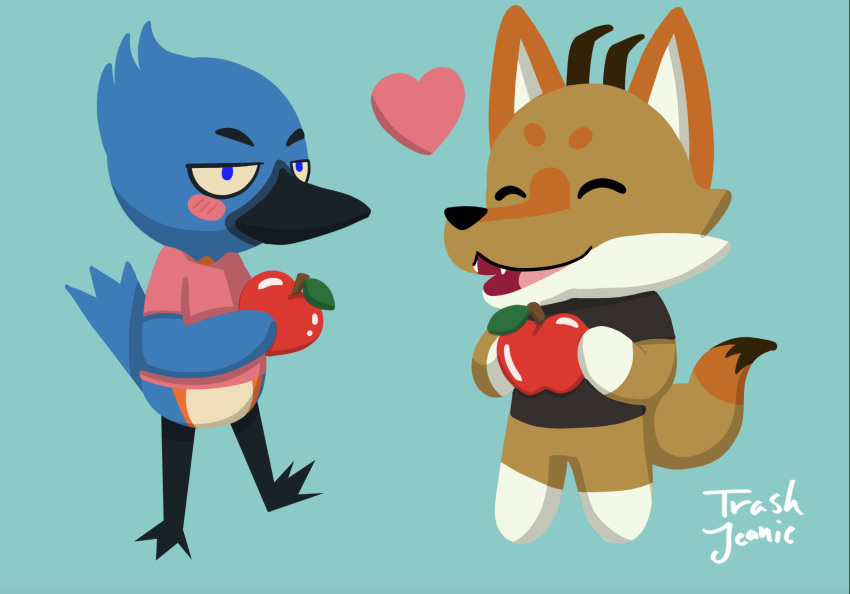 &lt;3 alberto_(antifreeze) animal_crossing anthro apple avian bird bluebird blush canid canine canis chibi coyote cute_expression date dragon duo eastern_bluebird eyes_closed food fruit half-closed_eyes happy hi_res hybrid love male mammal narrowed_eyes neptune_mereaux nintendo open_mouth oscine passerine plant smile thrush_(bird) trashjeanie video_games