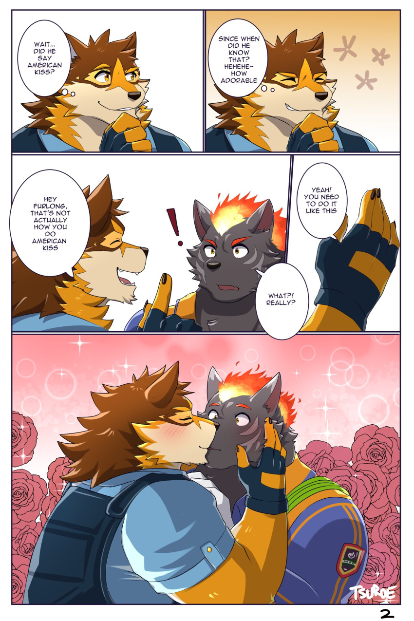 ! 2:3 anthro barrel_(live-a-hero) blush canid canine canis chuurow clothing comic dialogue duo english_text fingerless_gloves fire firefighter flaming_hair flaming_mane flower furlong_(live-a-hero) gloves handwear hi_res hyaenid kissing live-a-hero male male/male mammal plant police_officer pseudo_hair pseudo_mane rose_(flower) text video_games wolf