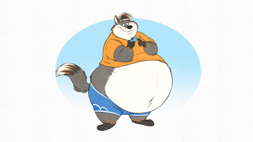 16:9 anthro belly belly_overhang big_(disambiguation) canid canine eligecos fox fur grey_body grey_fur hang holding_object male mammal overweight overweight_male phone smile solo widescreen writing_(disambiguation)