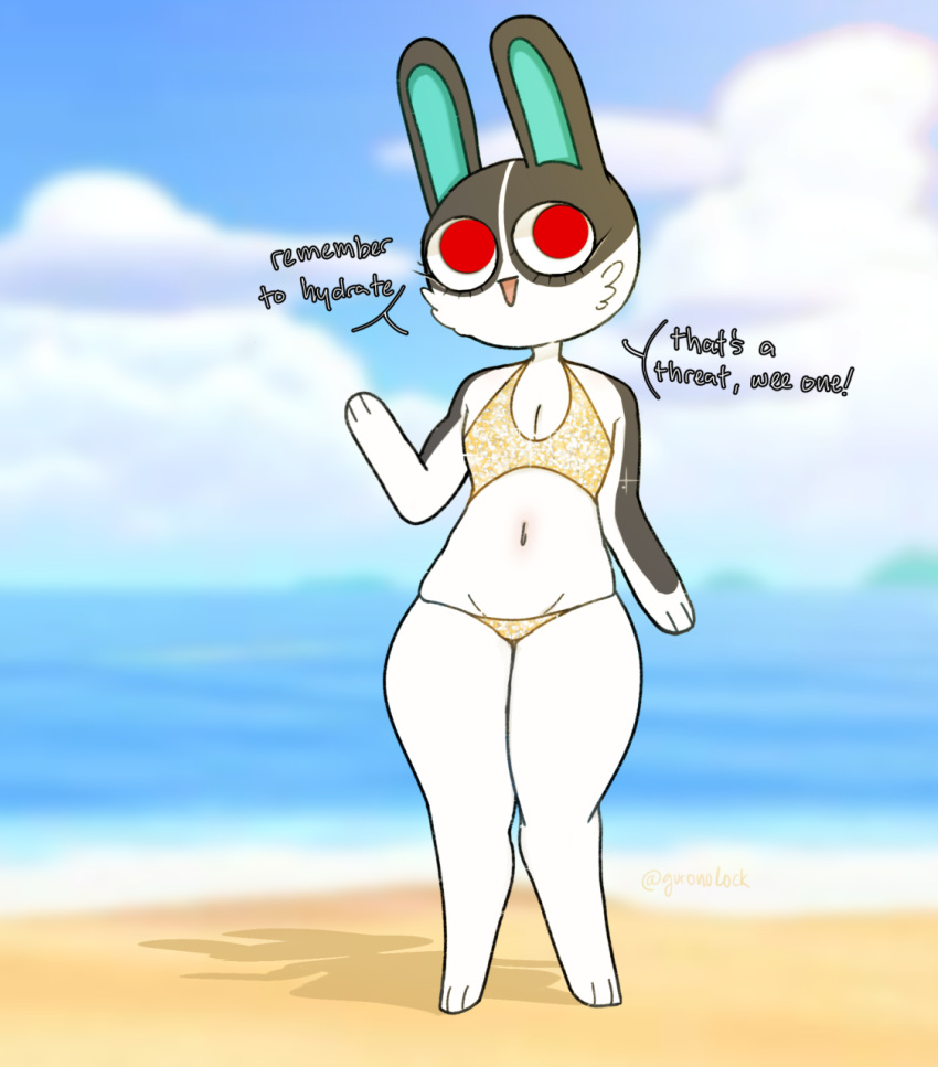 animal_crossing anthro beach big_eyes breasts cheek_tuft cleavage clothed clothing dialogue dotty_(animal_crossing) facial_tuft female female_focus flat_chested gesture guronolock handpaw hi_res lagomorph leporid looking_at_viewer mammal navel nintendo open_mouth paws public_service_announcement rabbit red_eyes seaside shadow smile solo standing swimwear text thick_thighs tuft video_games waving wide_hips