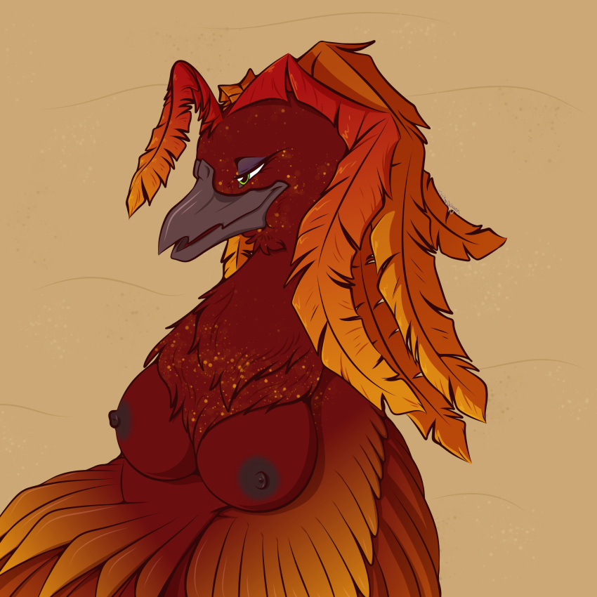 1:1 absurd_res anthro anunit avian big_breasts bird breasts desert european_mythology feather_hair feathers female greek_mythology hi_res hirothedragon mythological_avian mythological_firebird mythology nipples non-mammal_breasts nude phoenix pseudo_hair sand solo