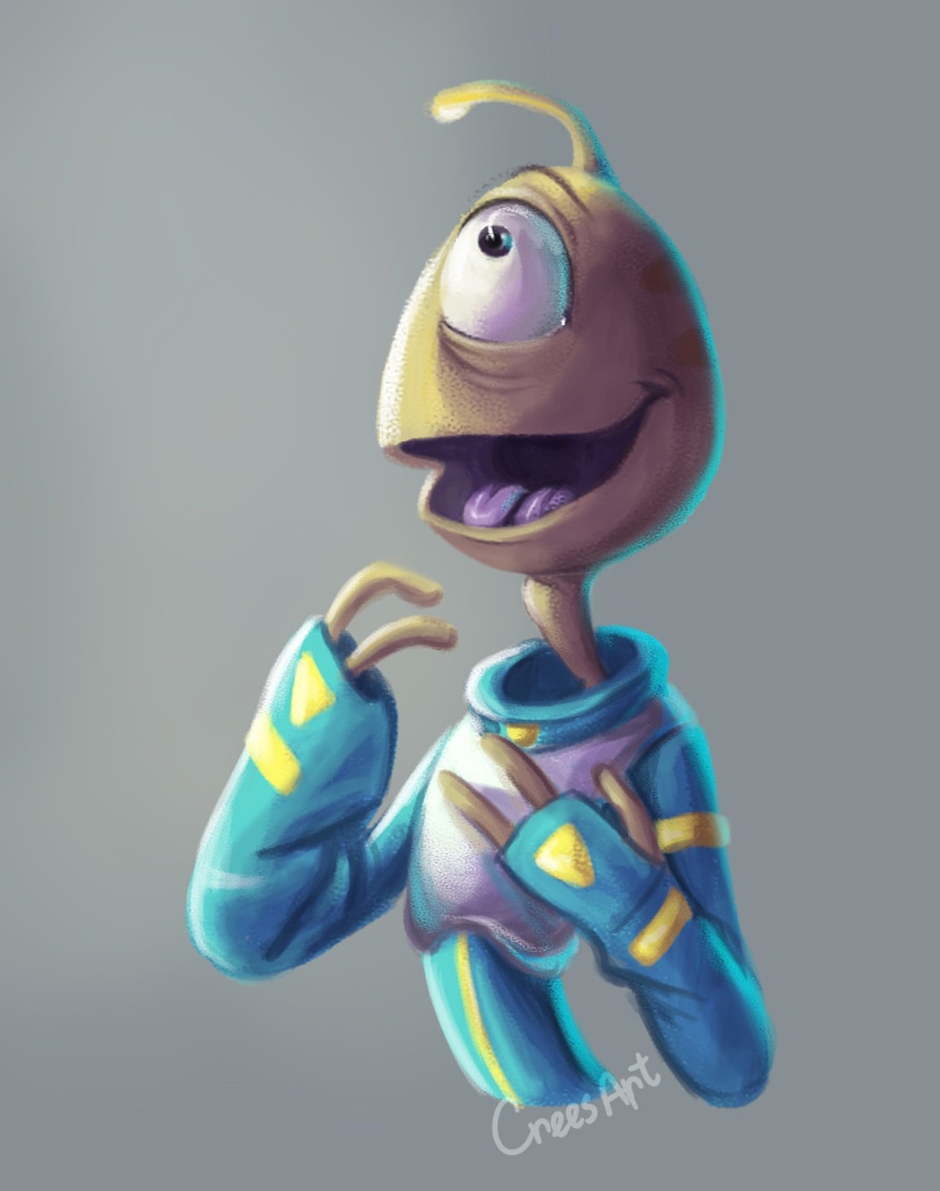 1_eye 2020 2_tongues 3_fingers alien antennae_(anatomy) black_eyes clothed clothing crees_art disney fingers grey_background head_markings hi_res lilo_and_stitch markings multi_tongue occipital_markings open_mouth open_smile plorgonarian purple_tongue signature simple_background smile solo spacesuit tongue wendy_pleakley