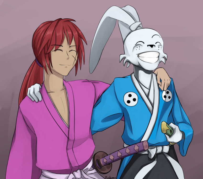 absurd_res anthro asian_clothing blue_clothing clothing duo ears_tied_back east_asian_clothing eyes_closed fur hair hi_res human japanese_clothing katana kenshin_himura lagomorph leporid male male/male mammal melee_weapon miyamoto_usagi pink_clothing ponytail puuccee rabbit red_hair robe rurouni_kenshin scar smile sword usagi_yojimbo weapon white_body white_fur