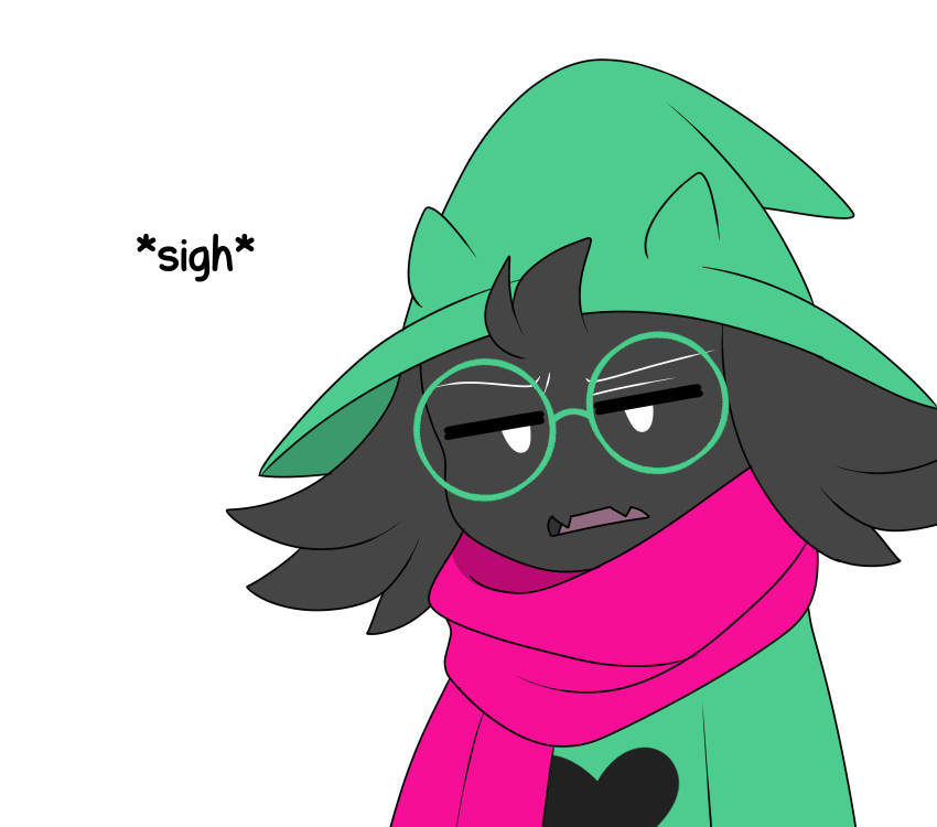 &lt;3 2018 black_body black_fur bovid caprine clothing cute_fangs darkner deltarune dialogue digital_media_(artwork) disappointed eyewear friisans fur glasses goat hat headgear headwear hi_res male mammal ralsei reaction_image scarf sigh simple_background solo text video_games white_background