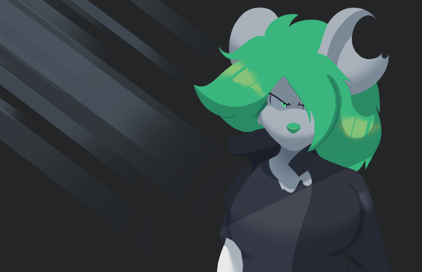 absurd_res anthro artesderatzyu clothing female frown fur green_eyes green_hair hair half-length_portrait hi_res jacket mammal mouse murid murine portrait rodent shirt simple_background solo topwear torn_clothing white_body white_fur