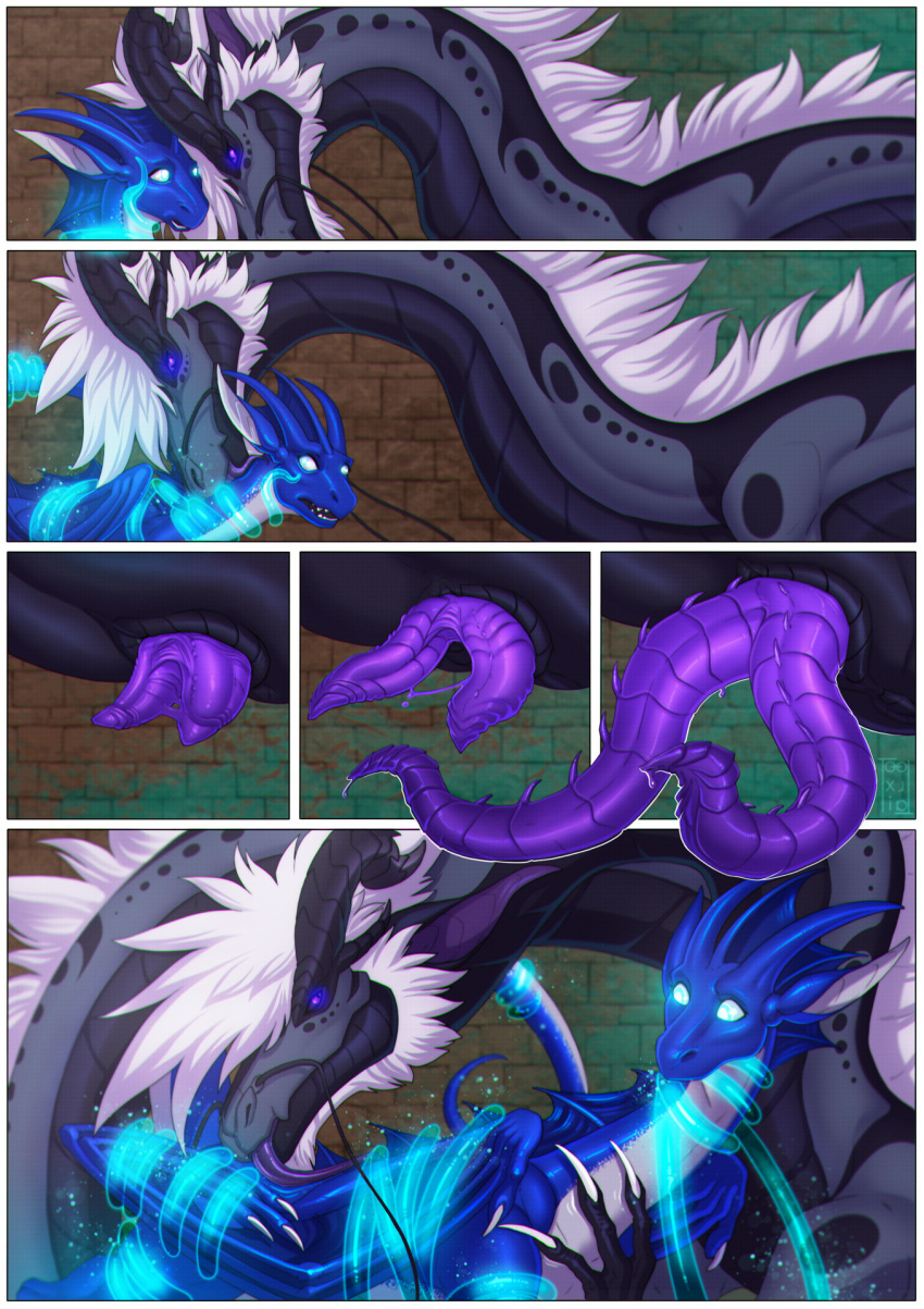 animal_genitalia animal_penis comic dragon duo feral firondraak genitals hemipenes hi_res kalimah larger_male licking male male/male multi_genitalia multi_penis neverneverland penis prehensile_penis purple_penis restrained roark size_difference tongue tongue_out