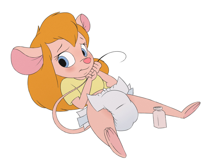 anthro baby_powder blush chip_'n_dale_rescue_rangers diaper diaper_change disney embarrassed female gadget_hackwrench hi_res holding_tail looking_aside lying mammal messyszop mouse murid murine on_back rodent solo spread_legs spreading unfastened_diaper