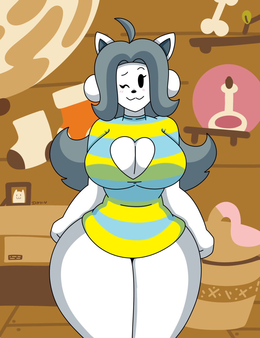 absurd_res anthro big_breasts big_butt blush breasts butt canid canine clothed clothing daisy-pink71 felid feline female hair hi_res looking_at_viewer mammal one_eye_closed smile solo tem temmie_(undertale) text topwear undertale undertale_(series) video_games white_body wink