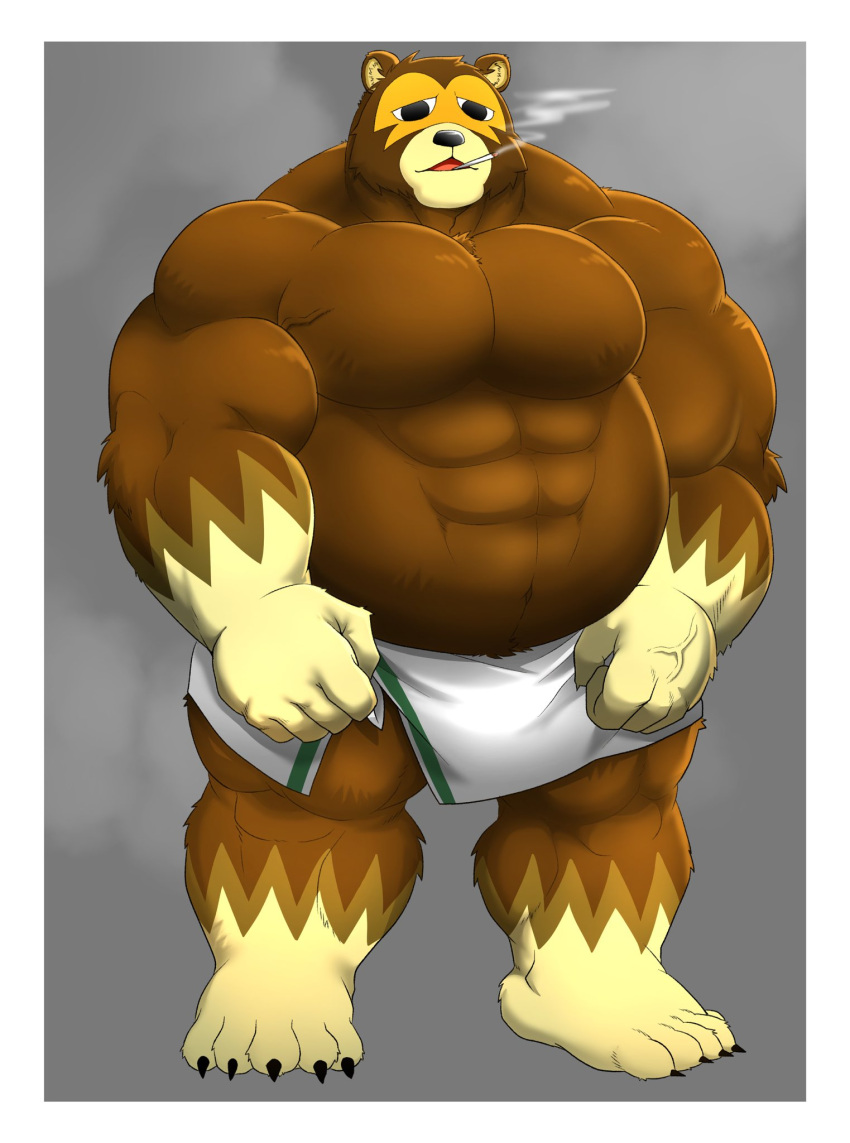 2021 animal_crossing anthro barazoku brown_body brown_fur fur hi_res humanoid_hands ike_(animal_crossing) kemono male mammal musclegut muscular muscular_male nintendo shillon0610 smoking solo towel ursid video_games