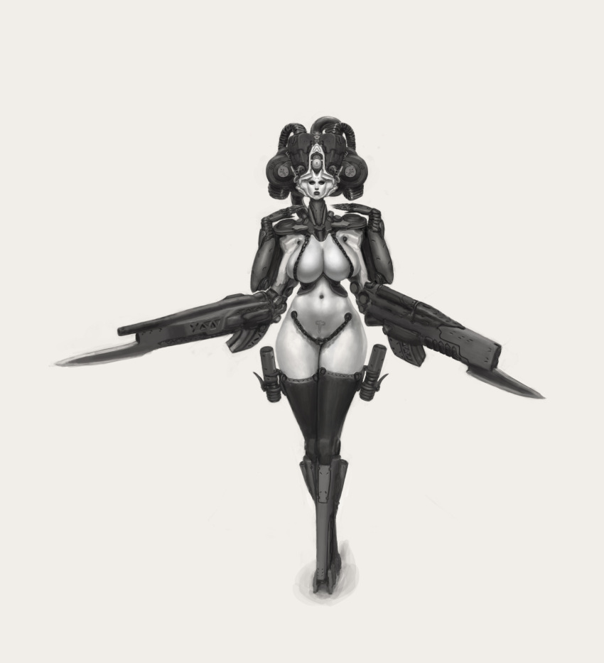 4_arms absurd_res android barely_visible_genitalia barely_visible_pussy big_breasts black_lips breast_squish breasts chain curvy_figure female genitals gun_arm haydret hi_res huge_breasts humanoid lips looking_at_viewer machine mechanical_arm monochrome multi_arm multi_limb navel not_furry pussy robot simple_background solo squish thick_thighs voluptuous white_background white_body white_skin wide_hips womb_tattoo