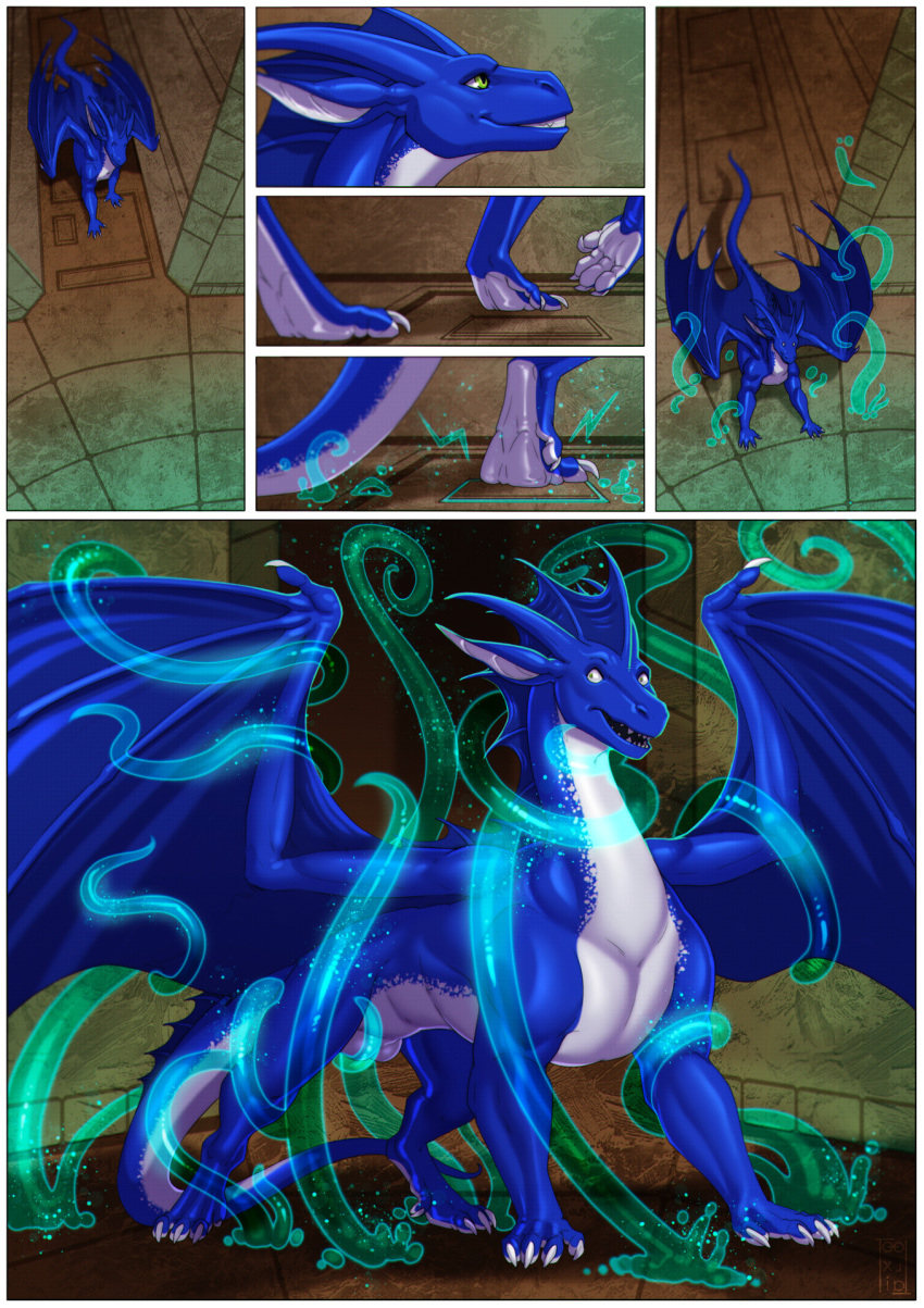 balls belly blue_body comic dragon feral firondraak genitals hi_res kalimah male neverneverland solo tentacles white_belly