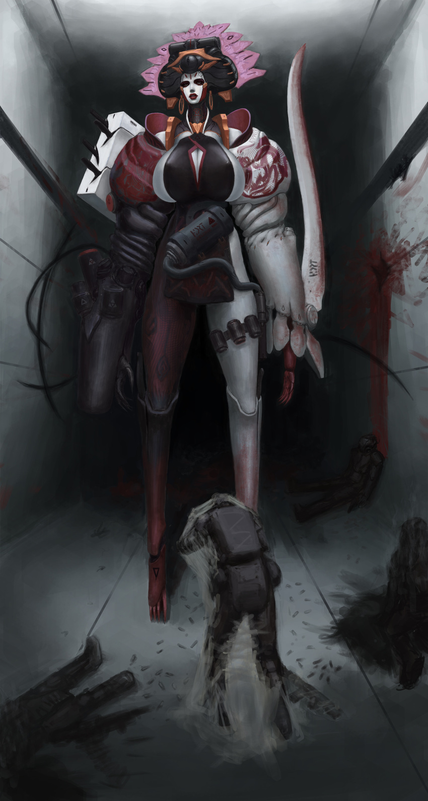 absurd_res ambiguous_gender android big_breasts blood blood_everywhere bodily_fluids breasts cleavage clothed clothing corpse death female female_focus group hallway haydret hi_res humanoid lips machine macro melee_weapon not_furry red_lips robot spacesuit standing sword weapon