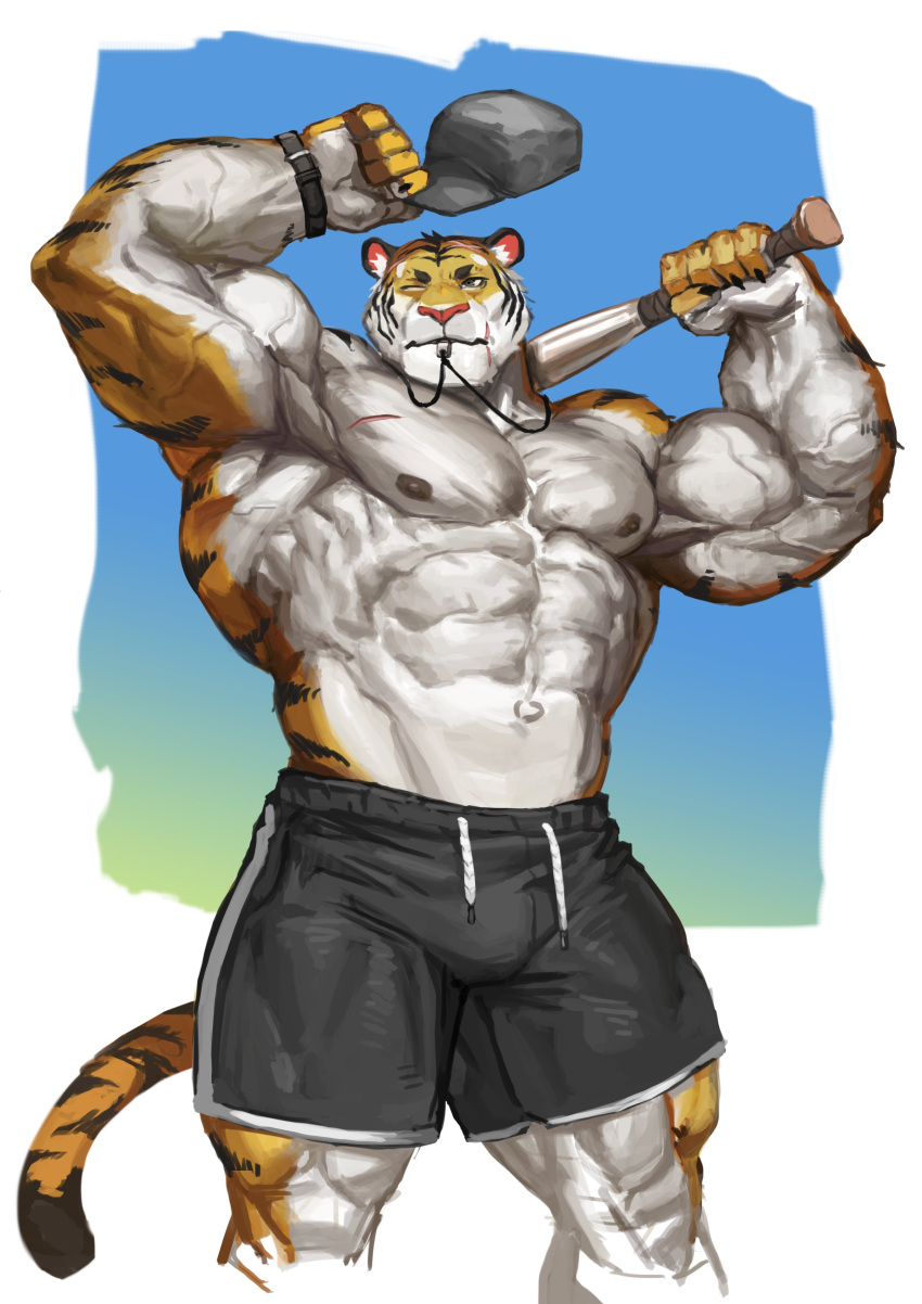 2021 abs absurd_res anthro baseball_(disambiguation) biceps bottomwear clothed clothing felid fur hair hi_res male mammal muscular muscular_anthro muscular_male nipples pantherine pecs solo tiger topless traver009