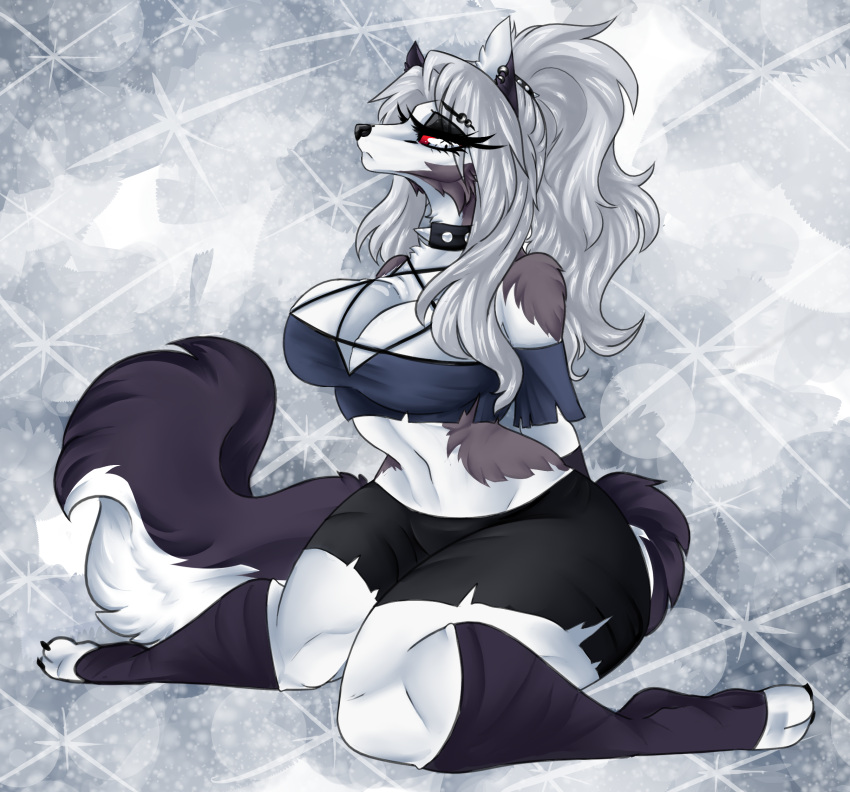 anthro big_breasts bottomwear breasts cassielink claws clothing collar digital_drawing_(artwork) digital_media_(artwork) digital_painting_(artwork) ear_piercing eyebrow_piercing eyelashes eyeliner eyeshadow facial_piercing female fluffy fluffy_tail fur grey_hair hair helluva_boss hi_res long_eyelashes long_hair loona_(helluva_boss) makeup markings navel painting painting_(artwork) paws piercing pinup ponytail pose red_eyes shirt shorts sketch solo spiked_collar spikes tank_top thick_thighs topwear traditional_media_(artwork) white_body white_fur