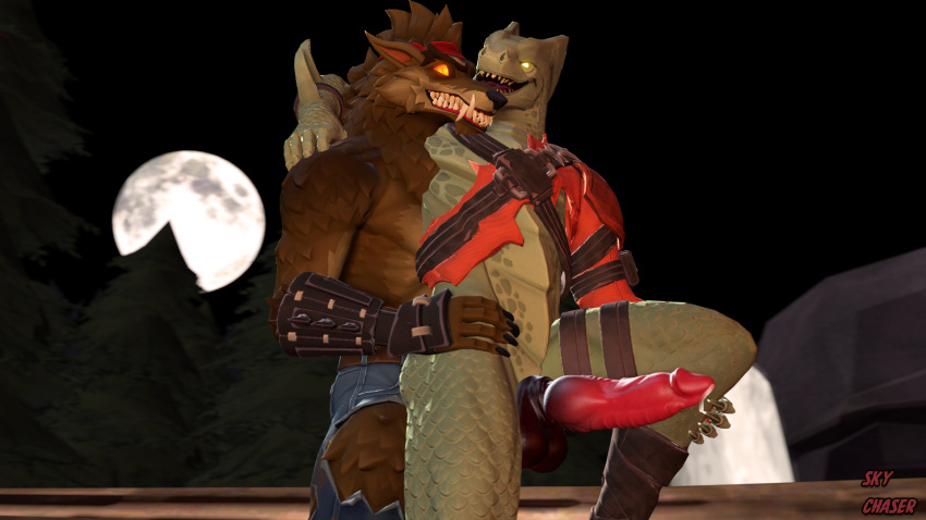 3d_(artwork) anthro canid canine canis digital_media_(artwork) dire_(fortnite) dragon duo epic_games forest fortnite genitals glowing glowing_eyes hand_on_hip hand_on_leg hi_res hybrid_(fortnite) male male/male male_penetrated male_penetrating male_penetrating_male mammal moon penetration penis plant sex sky_chaser source_filmmaker standing standing_sex tree video_games wolf