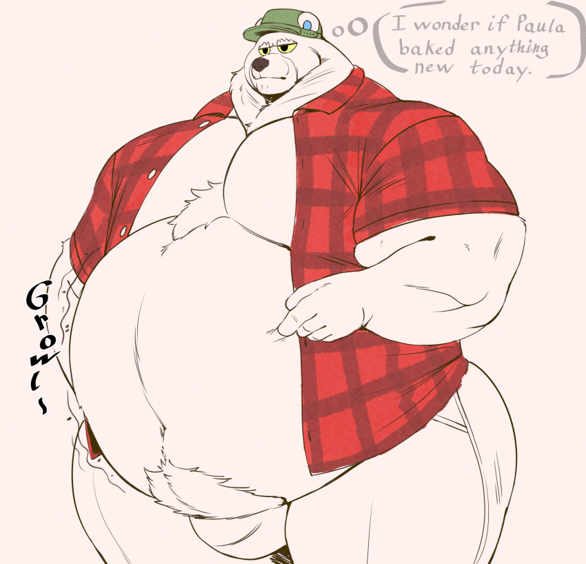 2021 animal_crossing anthro belly big_belly bottomwear clothed clothing english_text grizzly_(animal_crossing) hat headgear headwear hi_res humanoid_hands male mammal navel nintendo obese obese_male open_clothing open_shirt open_topwear overweight overweight_male pants pearypanda shirt solo text topwear ursid video_games