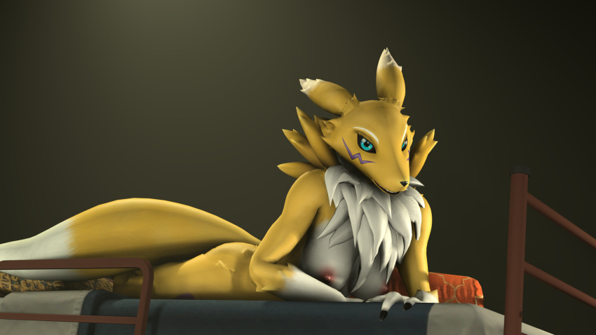 2019 3d_(artwork) anthro bandai_namco bed black_sclera blue_eyes breasts butt canid canine claws digimon digimon_(species) digital_media_(artwork) female fox fur fur_markings furniture grey_background hi_res looking_at_viewer lying mammal markings mrdr multicolored_body multicolored_fur multicolored_tail nipples nude on_front renamon simple_background smile solo white_body white_fur white_tail yellow_body yellow_fur yellow_tail