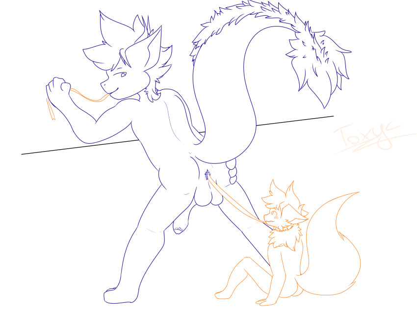 absurd_res anal anal_vore anthro balls blush blush_lines dragon duo forced genitals hi_res hybrid leash leash_in_mouth leash_pull leashed_male line_art long_tail luka_(toxyc) male male/male object_in_mouth penis size_difference toxyc toxyc_(toxyc) vore