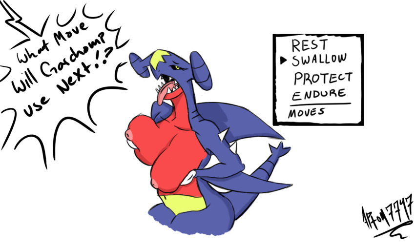 anthro aptom7747 blue_body breasts butt dialogue dragon fangs female garchomp multicolored_body nintendo nipples open_mouth pok&eacute;mon pok&eacute;mon_(species) red_body simple_background solo teeth text tongue tongue_out video_games