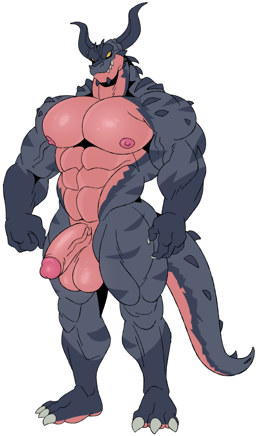 abs absurd_res anthro ara_chibi balls big_balls big_pecs big_penis blue_body dragon genitals hi_res horn huge_pecs humanoid_genitalia humanoid_penis male multicolored_body muscular muscular_male nipples nude orange_body pecs penis scalie simple_background solo thick_thighs white_background yellow_sclera