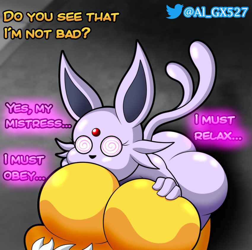 al_gx anthro anthrofied big_breasts big_butt breast_grab breast_play breast_squish breast_suck breasts butt curvy_figure dialogue domestic_cat dominant dominant_female duo eeveelution espeon felid feline felis female female/female female_on_top hand_on_breast huge_breasts hypno_(pok&eacute;mon) hypnosis mammal mind_break mind_control nintendo on_top pok&eacute;mon pok&eacute;mon_(species) pok&eacute;morph presenting purple_body seductive size_difference small_breasts smaller_female spiral_eyes squish submissive sucking text thick_thighs trance video_games voluptuous yellow_body