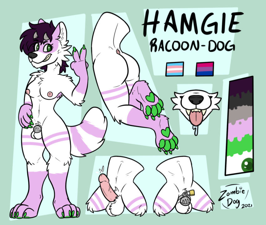 anthro chastity_cage chastity_device erection fur genitals green_eyes green_pawpads gynomorph intersex mammal model_sheet pawpads penis pink_body pink_fur procyonid raccoon solo tongue tongue_out trans_(lore) trans_woman_(lore) unknown_artist white_body white_fur