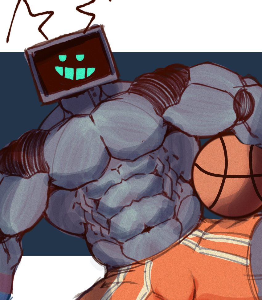 abs anthro ball basketball_(ball) big_muscles clothed clothing for_a_head friday_night_funkin' hex_(fnf) hi_res machine male muscular muscular_male navel object_head pecs robot screen screen_face screen_head serratus simple_background smile solo television topless topless_male tv_head unknown_artist