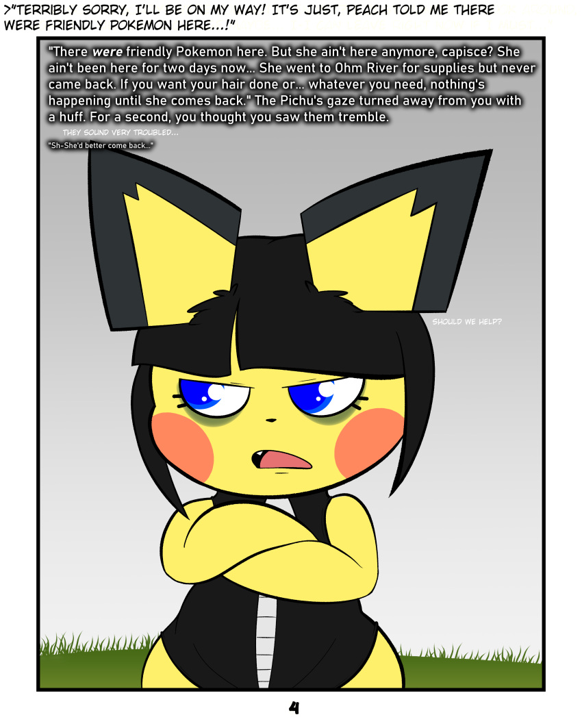 absurd_res ace_(rodent_powered) angry anthro black_hair blue_eyes bob_cut clothing comic crossed_arms eyelashes eyeshadow female fur hair hi_res makeup nintendo pichu pok&eacute;mon pok&eacute;mon_(species) pok&eacute;mon_mystery_dungeon rodent_powered_(softestpuffss) softestpuffss solo topwear trans_(lore) vest video_games yellow_body yellow_fur zipper