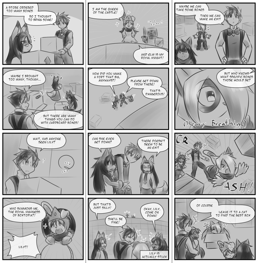 4koma alyssa_(tetsushi) ambiguous_gender anthro arrow beltrax_kagayaki bow_tie box canid canine canis cardboard cardboard_box close-up comic container crown dialogue dialogue_box dipstick_tail domestic_cat eyewear felid feline felis female fox glasses greyscale group hair heather_(tetsushi) hi_res hole_in_wall human kerchief lagomorph leporid lily_(tetsushi) long_hair male mammal markings melee_weapon monochrome necktie one_eye_obstructed onomatopoeia rabbit reed_(tetsushi) scissors shield solo sound_effects sparkles sword tail_markings tetsushi text weapon wolf young